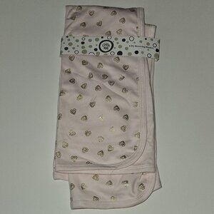 NEW Little Me 2 Ply Receiving Blanket Baby Pink Metallic Gold Hearts 100% Cotton